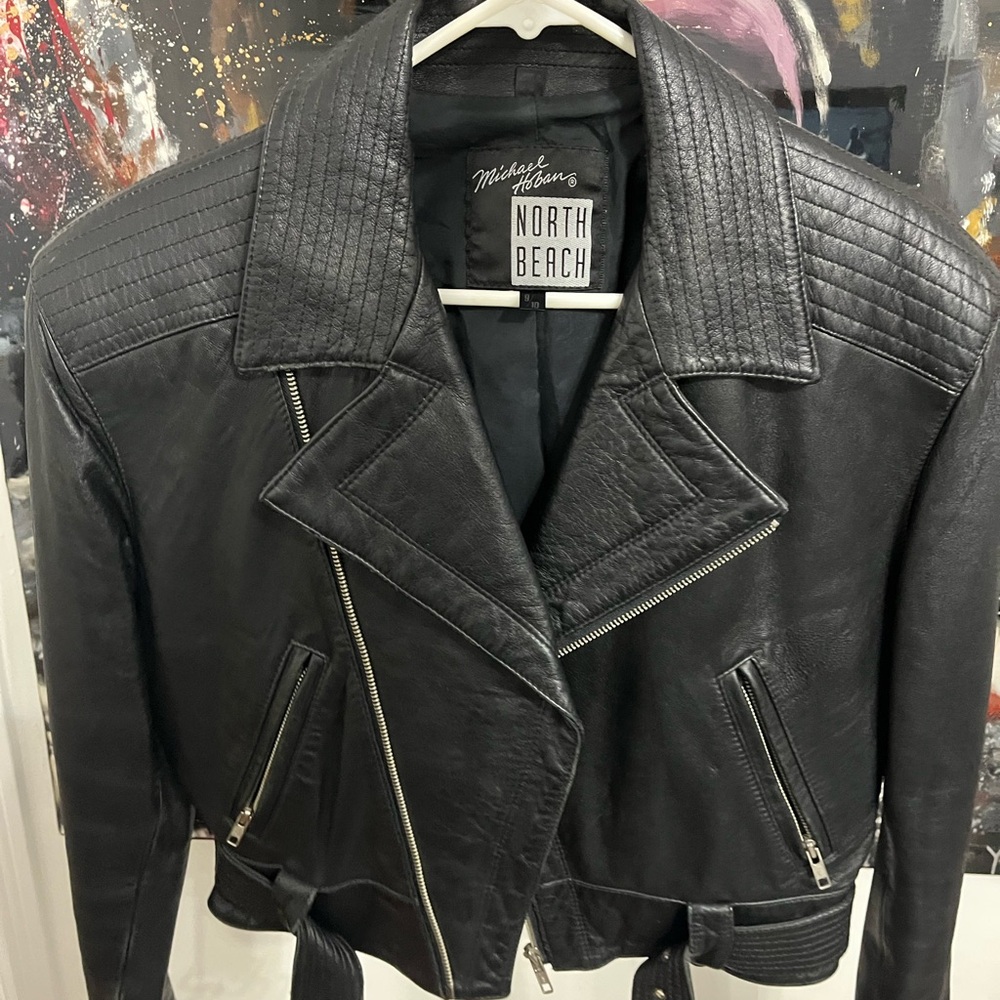 Vintage North Beach Leather Black Motorcycle Jacket with Quilted Accents.